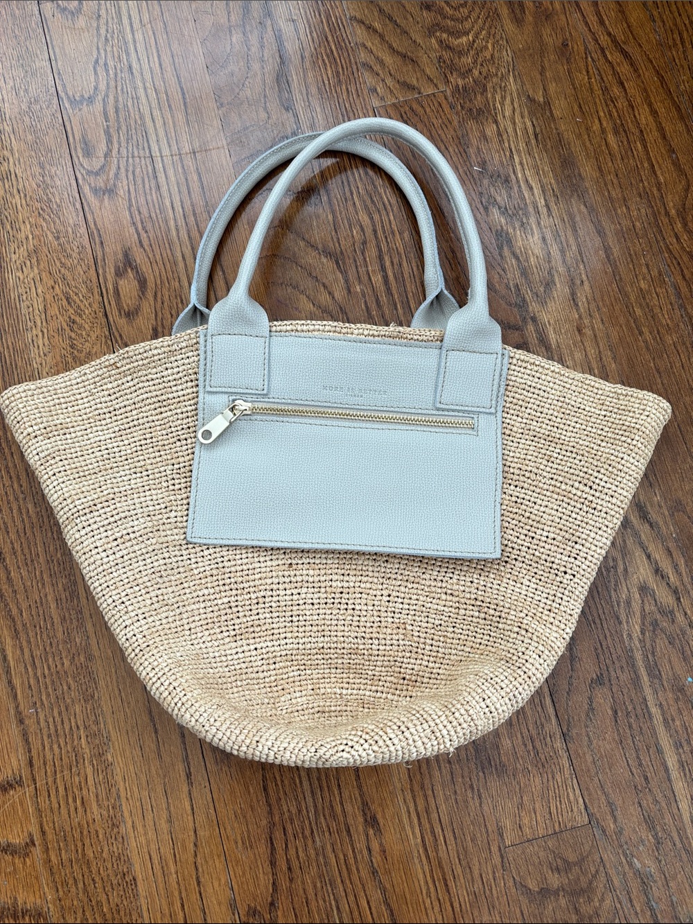 Light gray Leather-Trim Straw Tote Bag